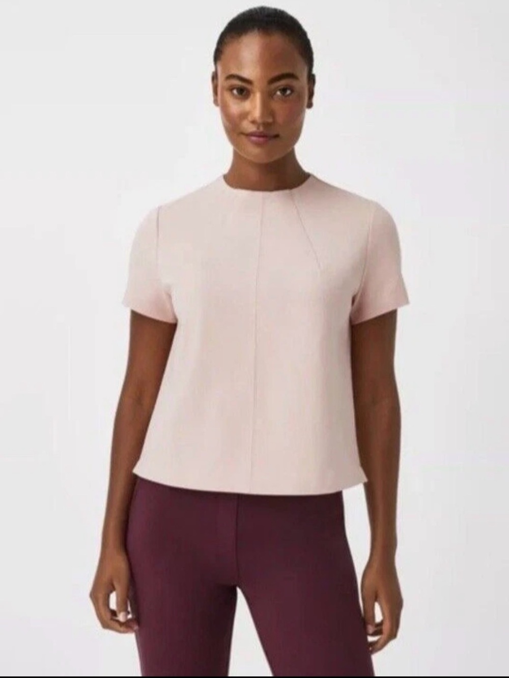 SPANX The Perfect Short Sleeve Crew Neck Funnel Top Blouse Pale Pink